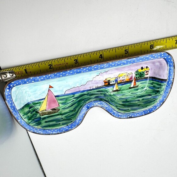 Hand-Painted Kelvin Chen Enamel Copper Eyeglasses Dish Tray Sailboat Scene 2001 - Picture 3 of 8